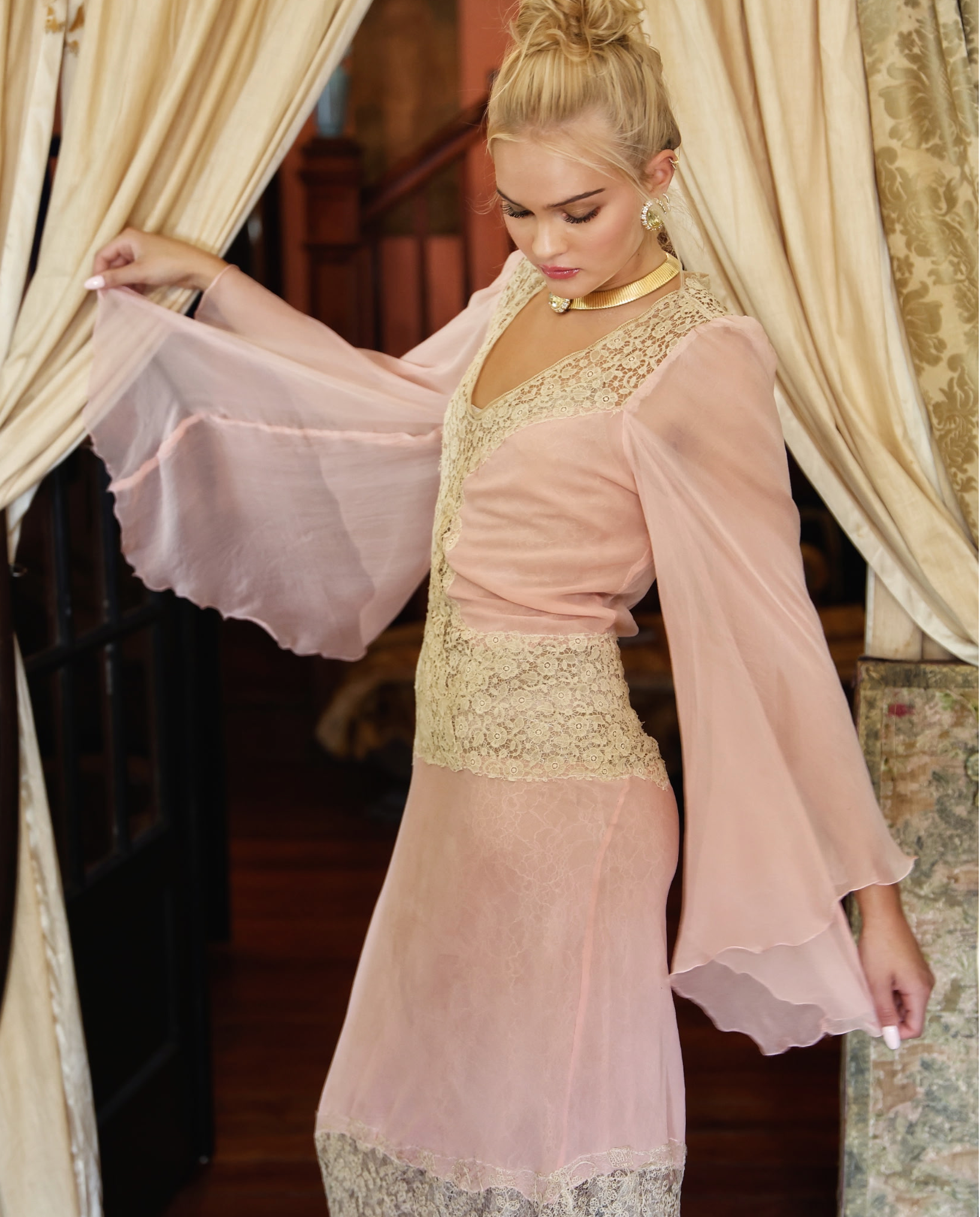 New Arrival Boudoir Queen Pale Pink Chiffon "Anna Nicole" Dress and Lace with Drippy Sleeve