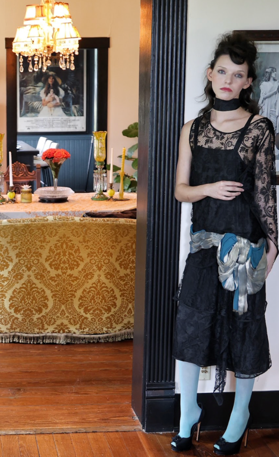 Authentic 1920's Black Lace Drop Waist Gown with Large Lamé sash Gorgeously Divine!