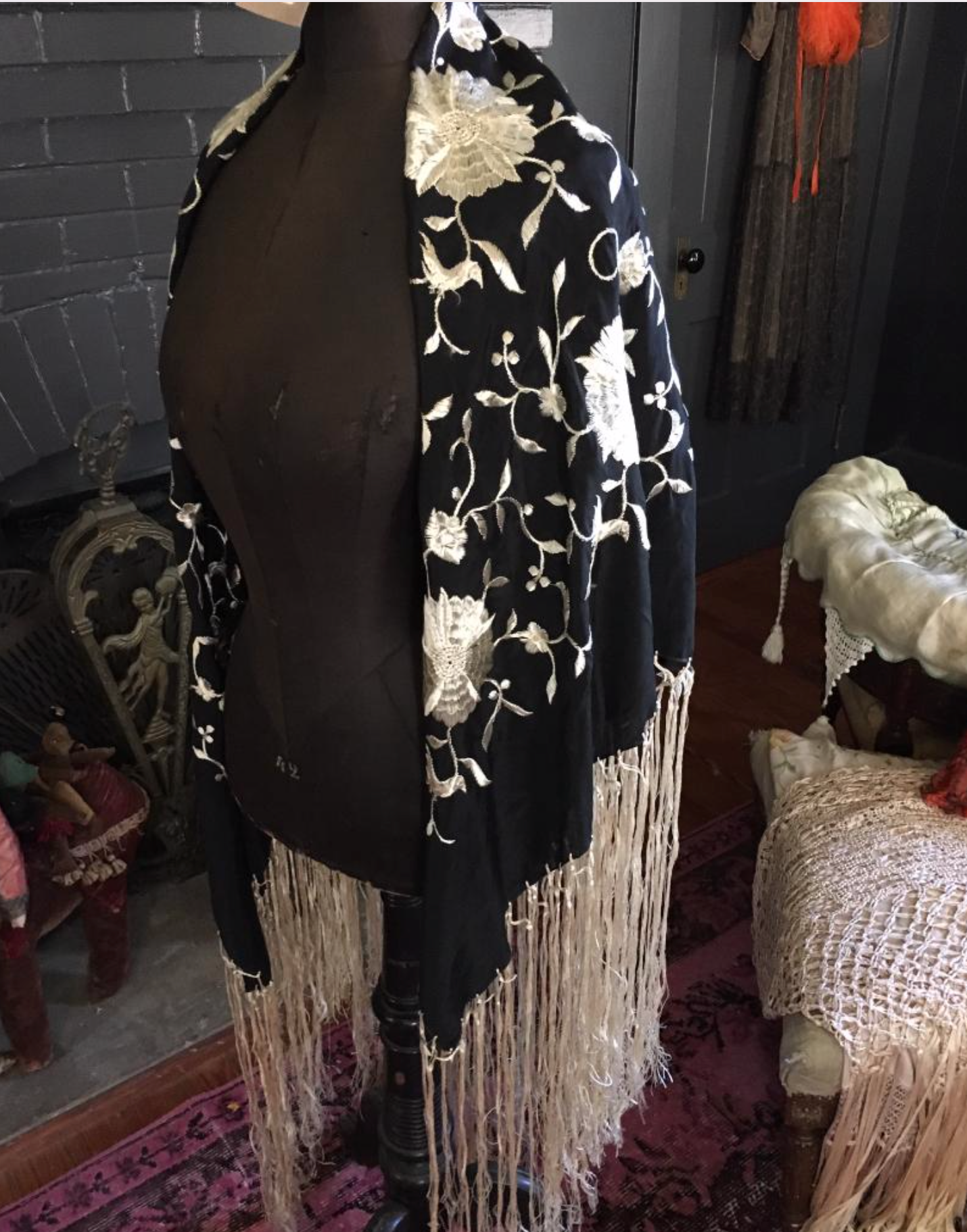 Deco Pola Negri Style Black and Cream Authentic Piano Shawl Statement Wearable or Decor