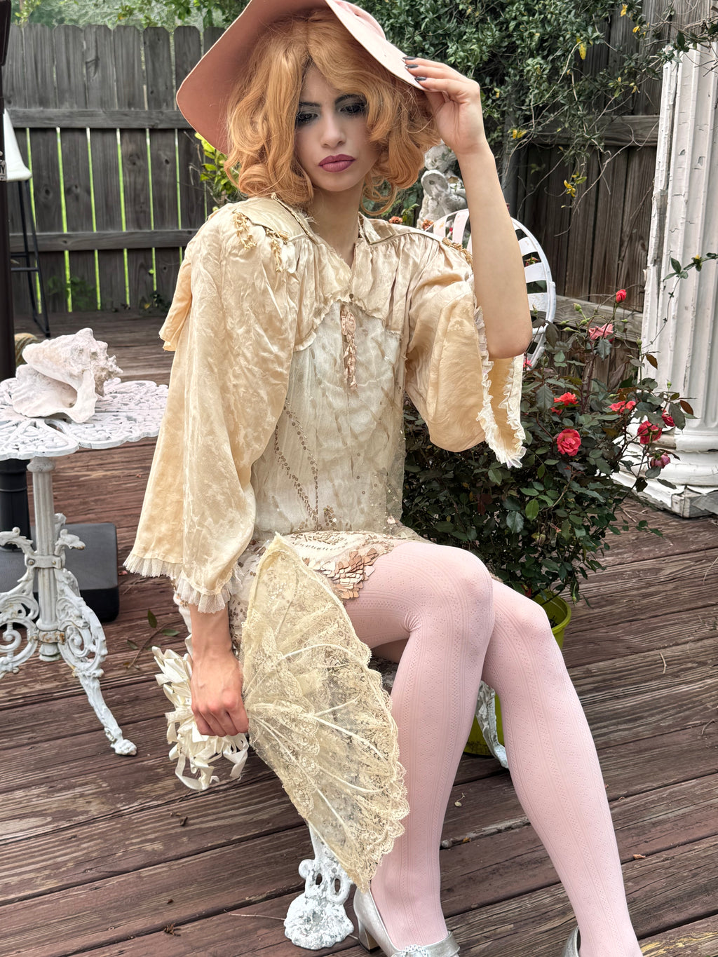 Rosalinde Dress M Ribbonwork Roses 20’s net sequin and shoulder pads