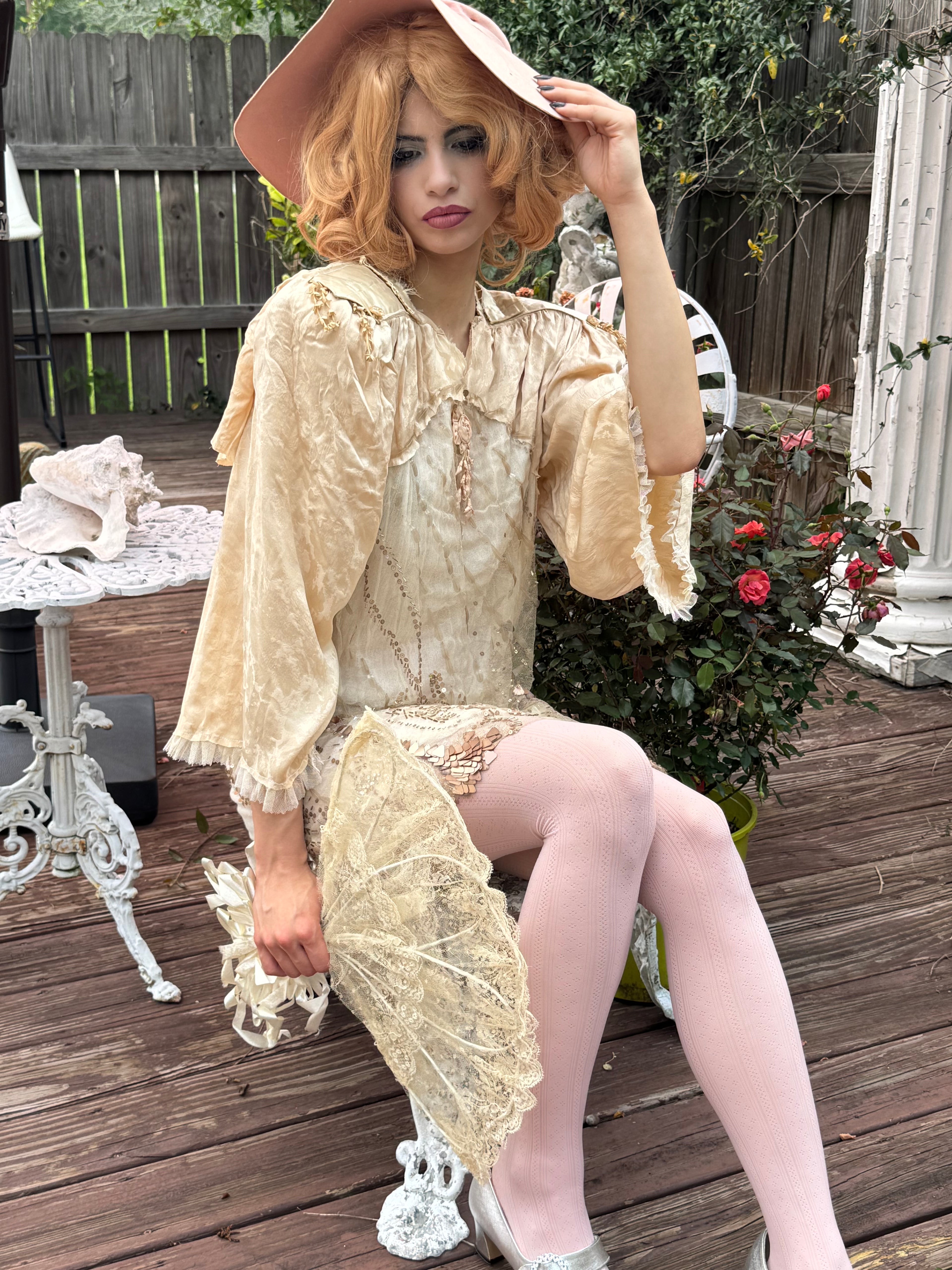 Rosalinde Dress M Ribbonwork Roses 20’s net sequin and shoulder pads