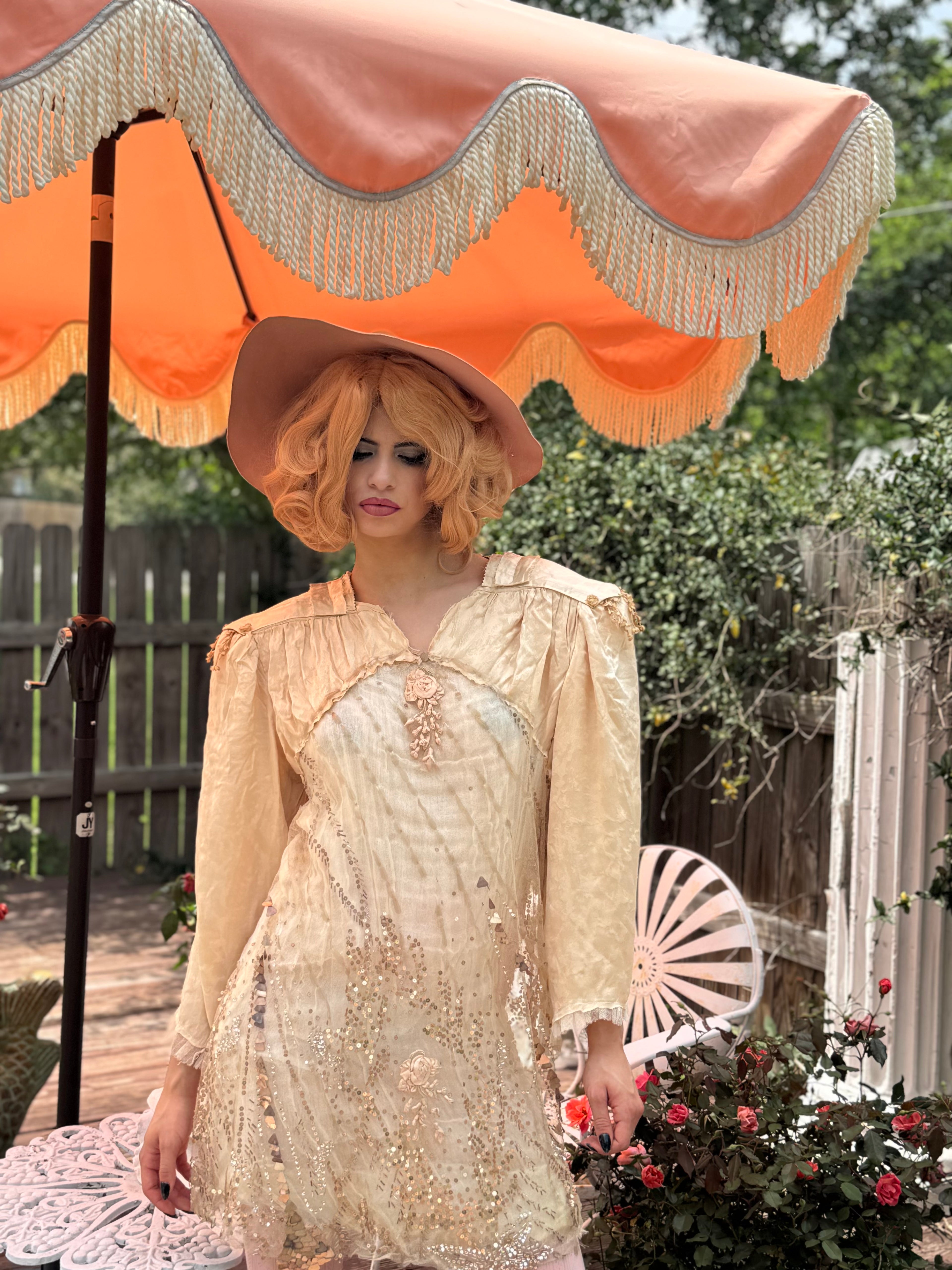 Rosalinde Dress M Ribbonwork Roses 20’s net sequin and shoulder pads