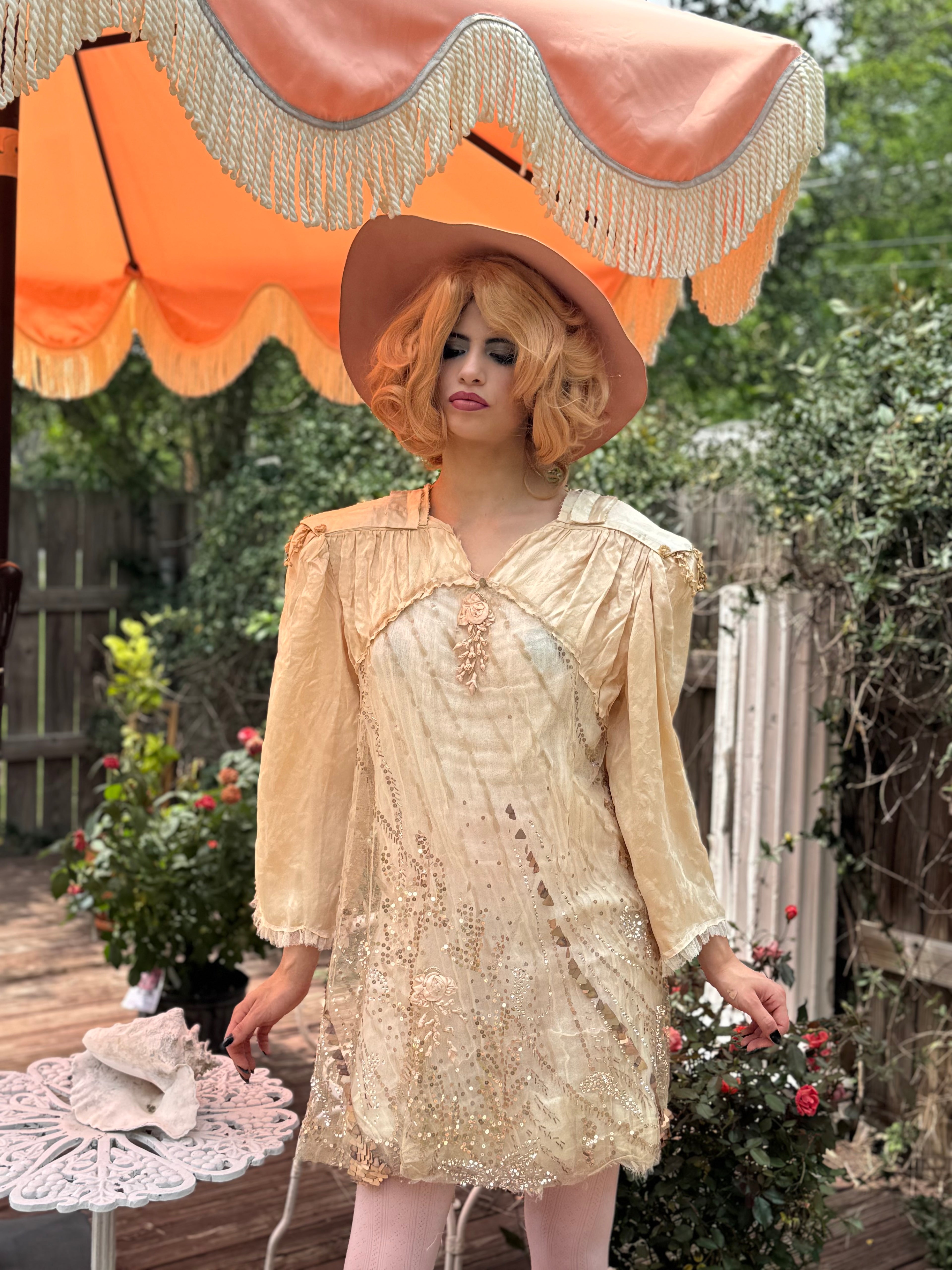 Rosalinde Dress M Ribbonwork Roses 20’s net sequin and shoulder pads