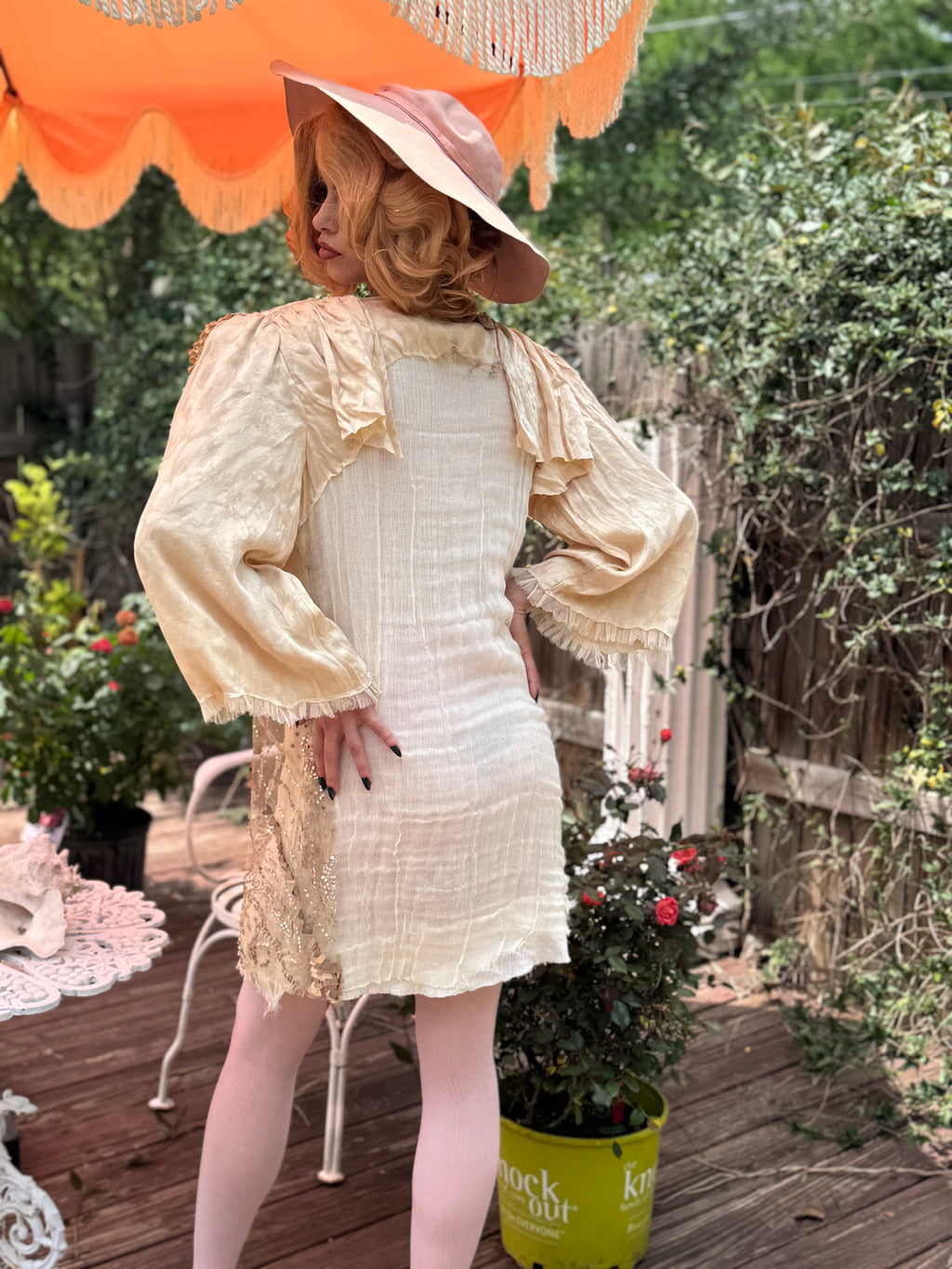 Rosalinde Dress M Ribbonwork Roses 20’s net sequin and shoulder pads