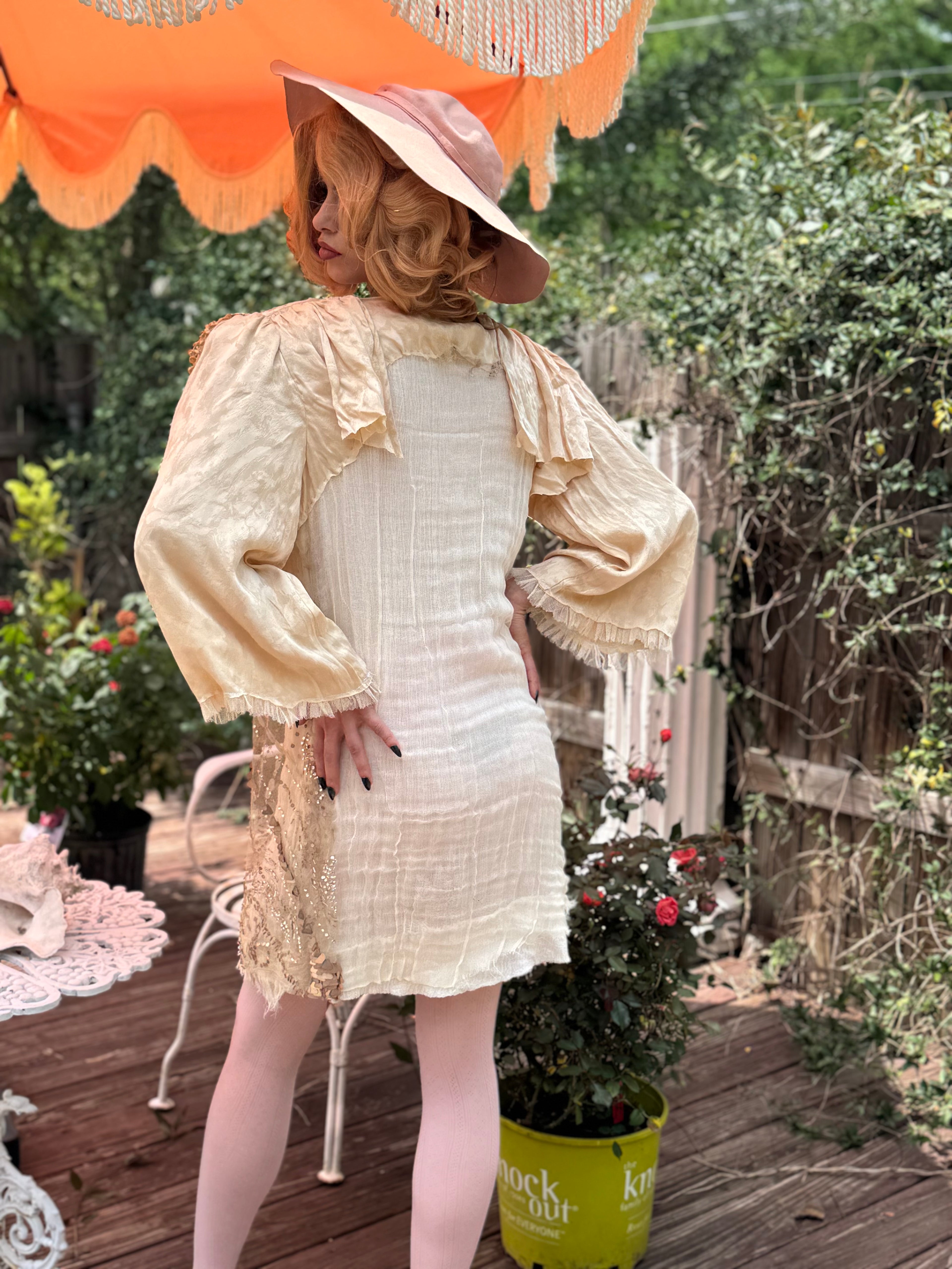 Rosalinde Dress M Ribbonwork Roses 20’s net sequin and shoulder pads