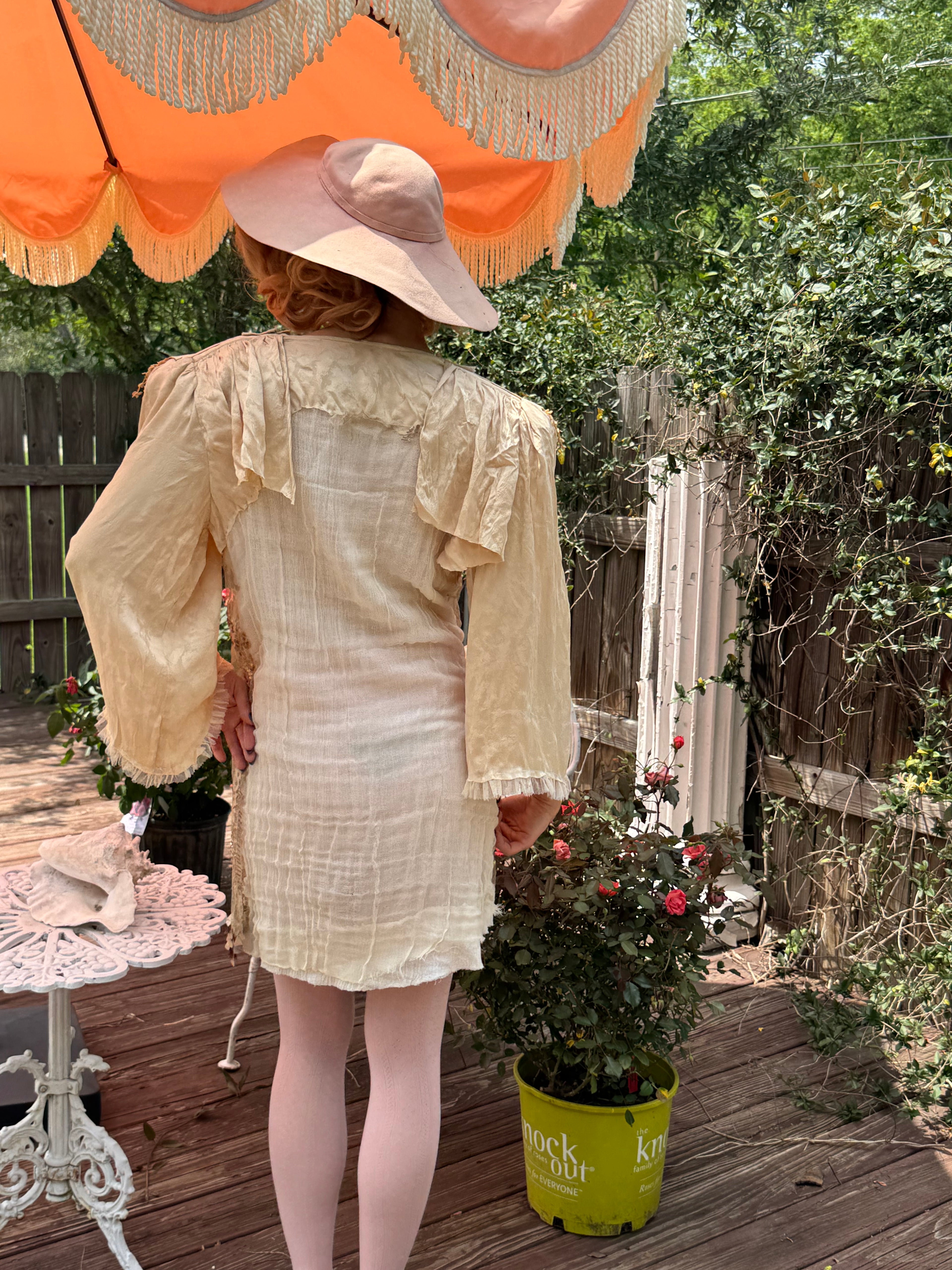 Rosalinde Dress M Ribbonwork Roses 20’s net sequin and shoulder pads