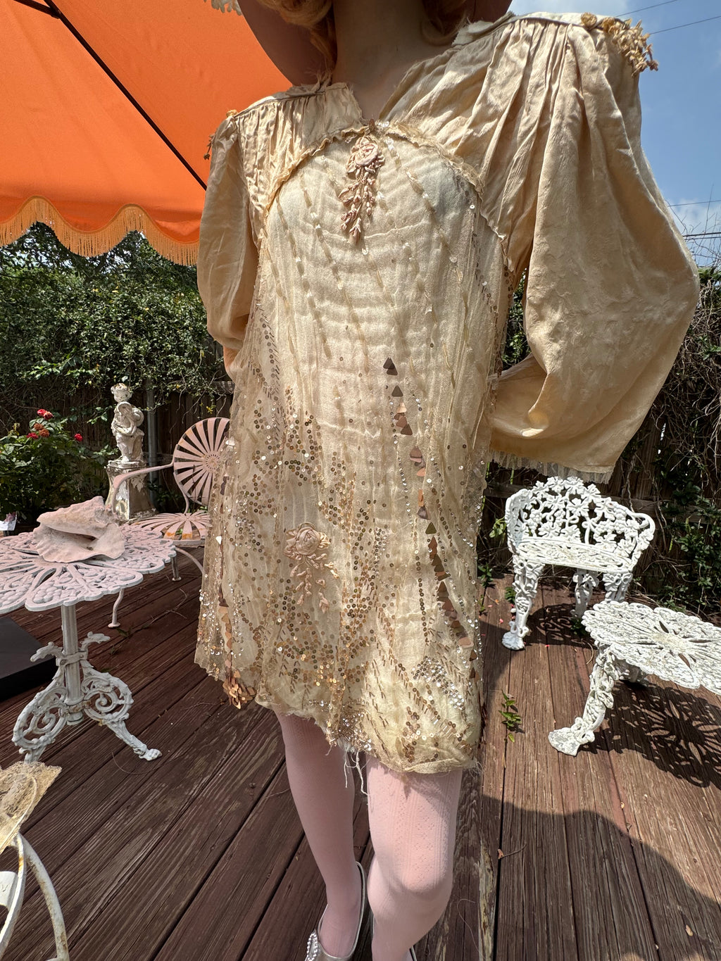 Rosalinde Dress M Ribbonwork Roses 20’s net sequin and shoulder pads