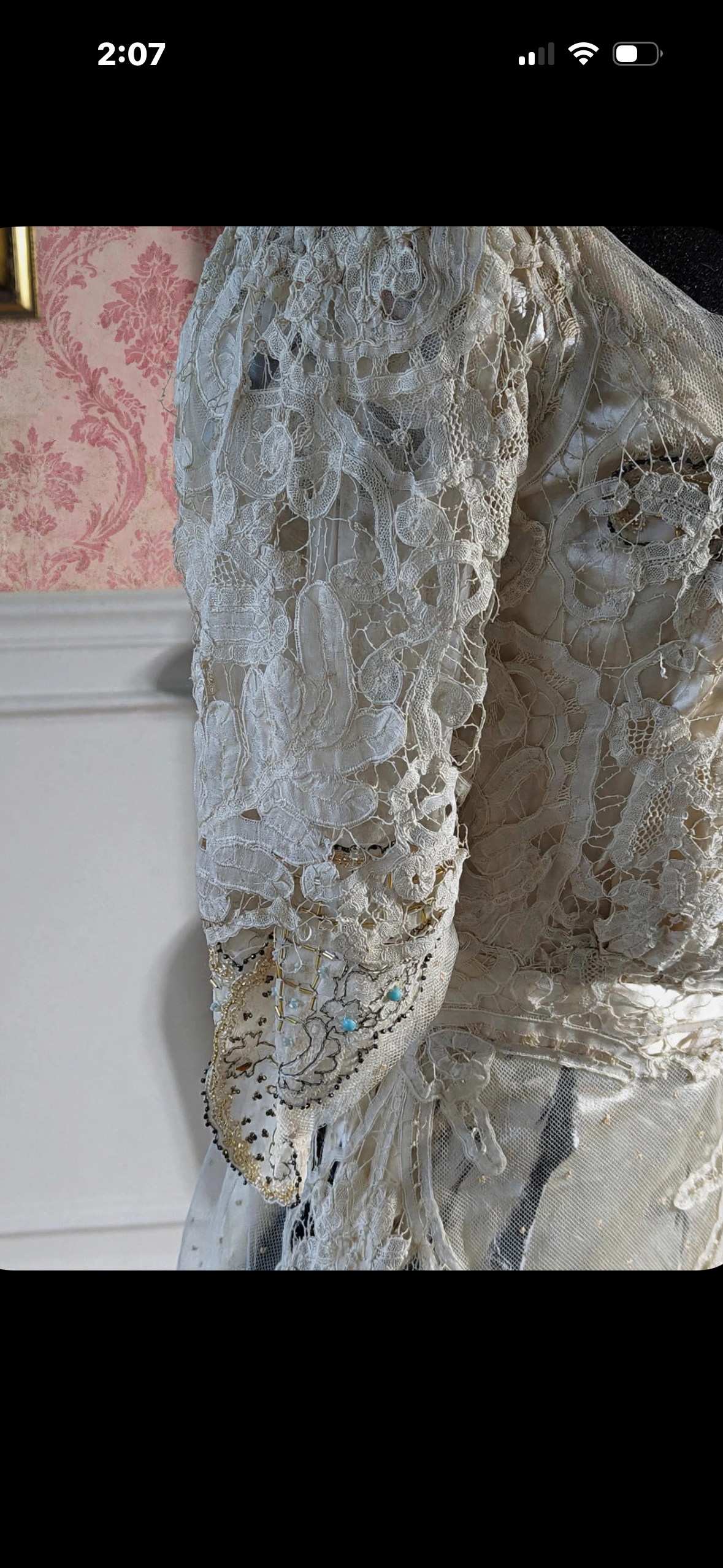 Historical History added Broken Bride Bride Belgian Tape Lace Evening Gown labeled "Kate Ker Lane, Victoria House, 1 Kensington High St. W"