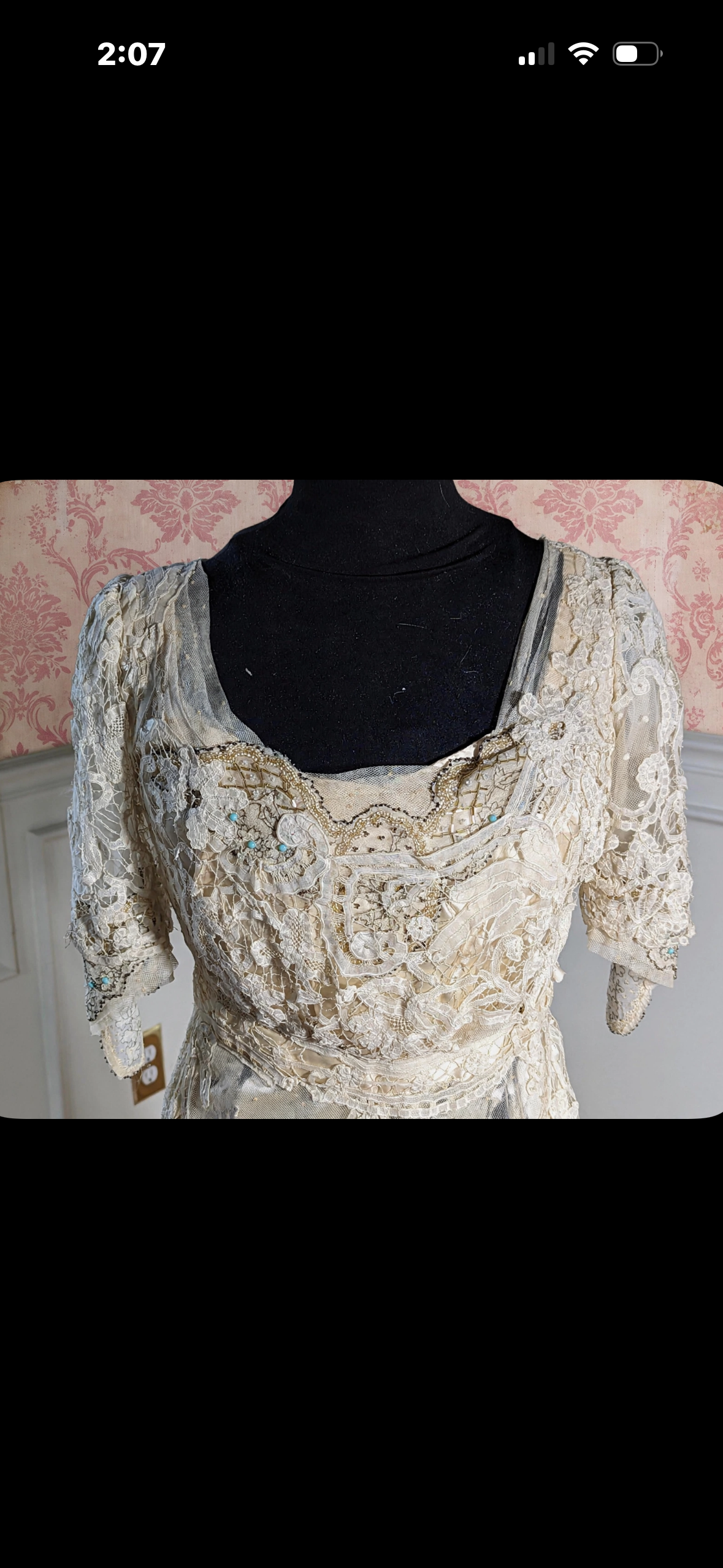 Historical History added Broken Bride Bride Belgian Tape Lace Evening Gown labeled "Kate Ker Lane, Victoria House, 1 Kensington High St. W"