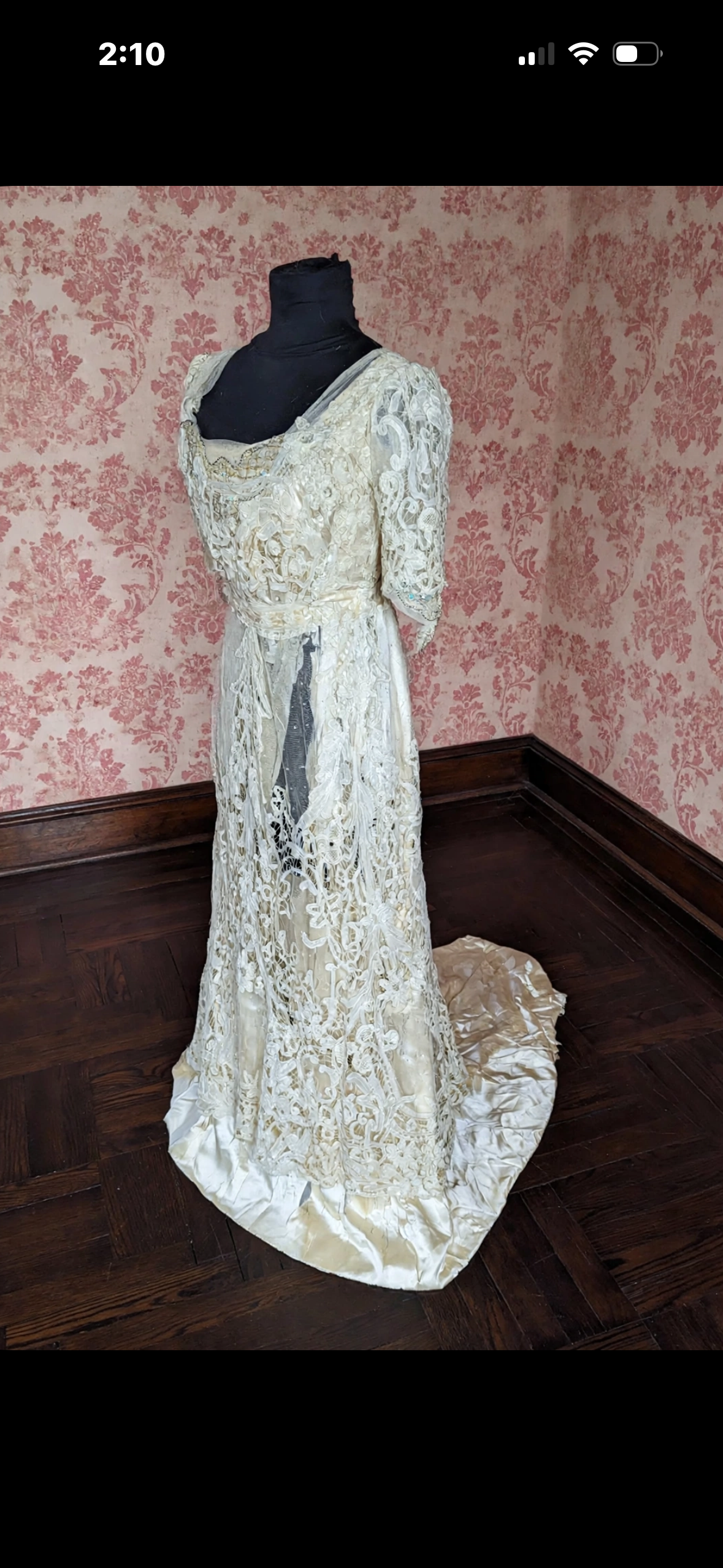 Historical History added Broken Bride Bride Belgian Tape Lace Evening Gown labeled "Kate Ker Lane, Victoria House, 1 Kensington High St. W"