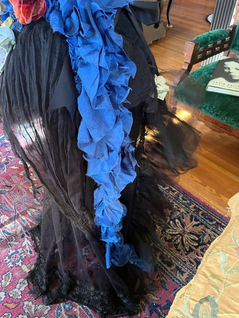 SOLD Claire April 18 Blue Lana Bustier 2 with ruffled side train and Antique Flower