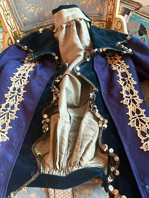 Authentic Victorian Royal Blue Bodice Wool + Velvet +Silver Metal Detail  Zig Zag Collar
