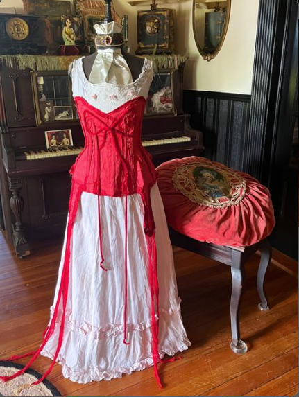 SOLD The Crimson Petal and The White Deconstructed Red Silken Corset adjustable Bustier with ties in the back