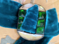 Art Deco 1920's 1930's Silk Velvet Belt Teal with glass emerald stones and white glass or Celluloid stones
