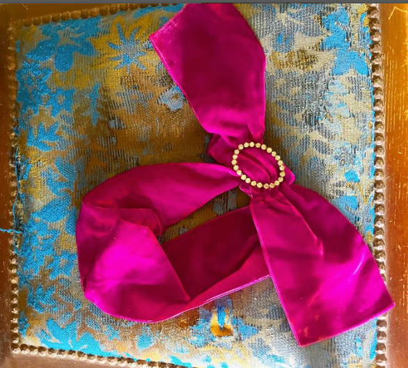 Fabulous Antique Fuchsia Silk Velvet Bow with Rhinestone Buckle old