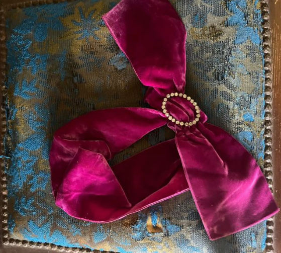 Fabulous Antique Fuchsia Silk Velvet Bow with Rhinestone Buckle old