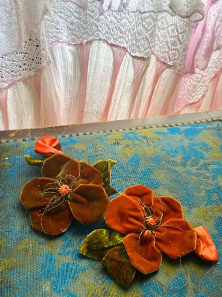 My Favorite Flowers Antique Velvet wired Flower with Leaves PAIR