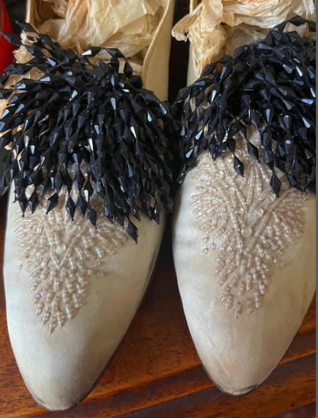 Victorian Edwardian Jet Pom Pom Shoe Clips working! Unusual Love wearing on dresses as well