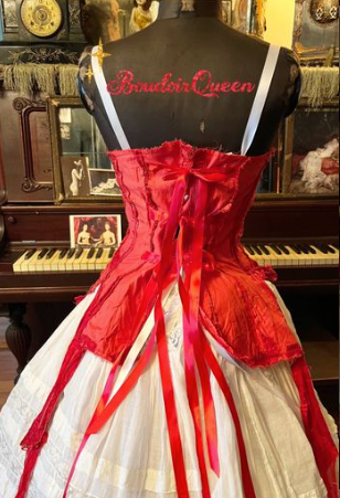 SOLD The Crimson Petal and The White Deconstructed Red Silken Corset adjustable Bustier with ties in the back