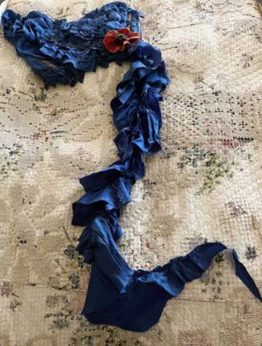 SOLD Claire April 18 Blue Lana Bustier 2 with ruffled side train and Antique Flower