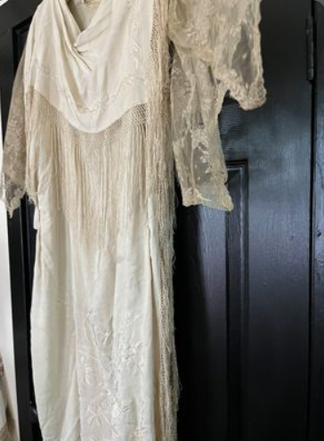 SOLD Rare 1910 Gorgeous Piano Shawl dress with lace and bodice built in