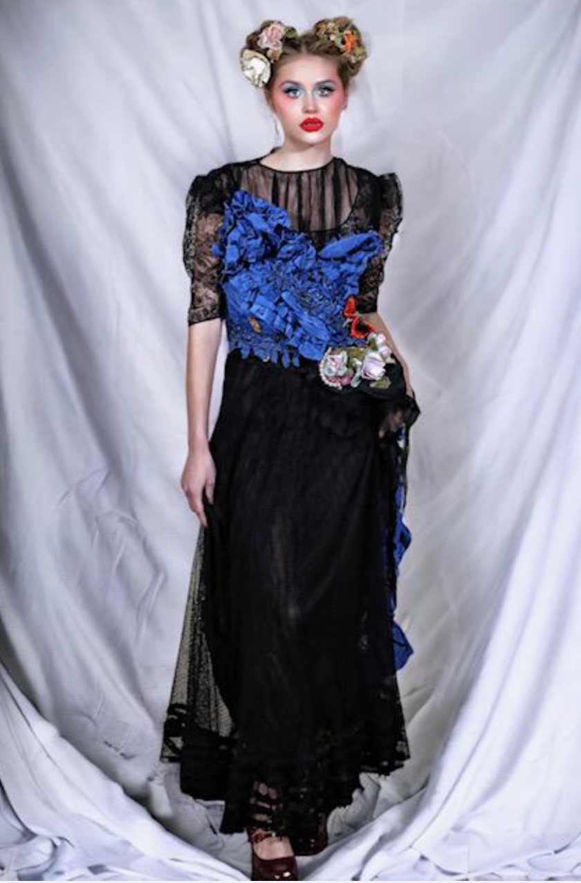 SOLD Claire April 18 Blue Lana Bustier 2 with ruffled side train and Antique Flower