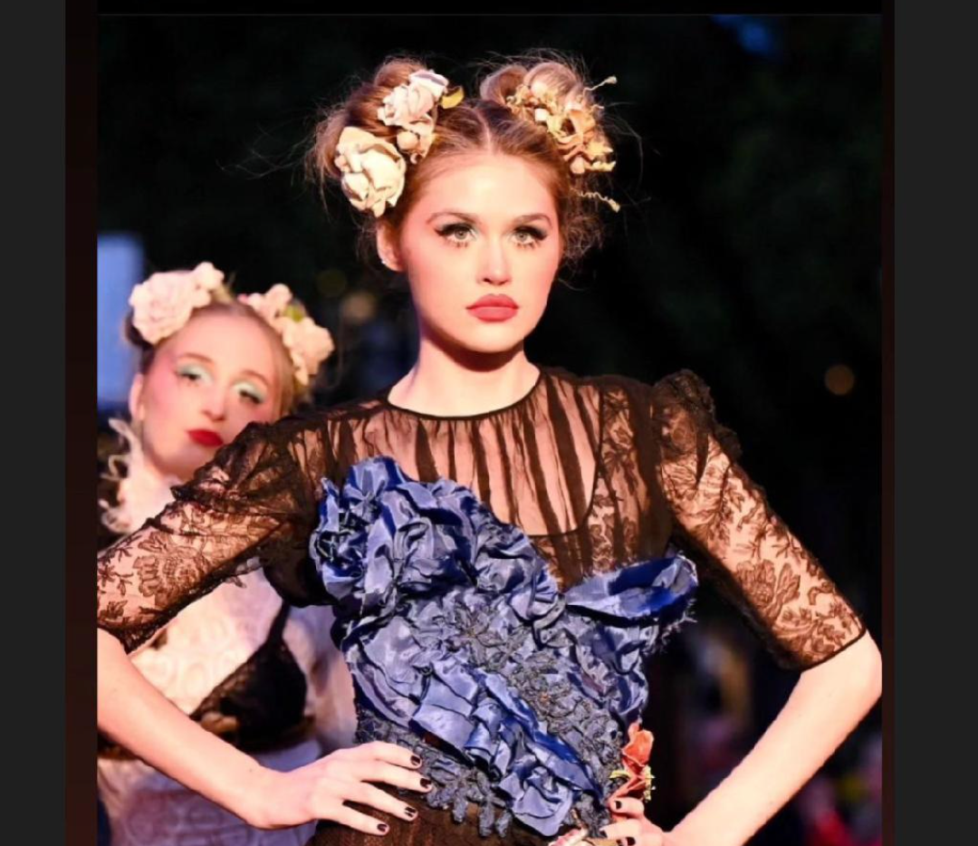 SOLD Claire April 18 Blue Lana Bustier 2 with ruffled side train and Antique Flower