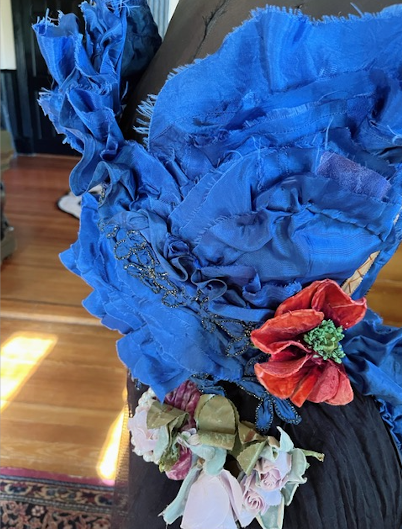 SOLD Claire April 18 Blue Lana Bustier 2 with ruffled side train and Antique Flower