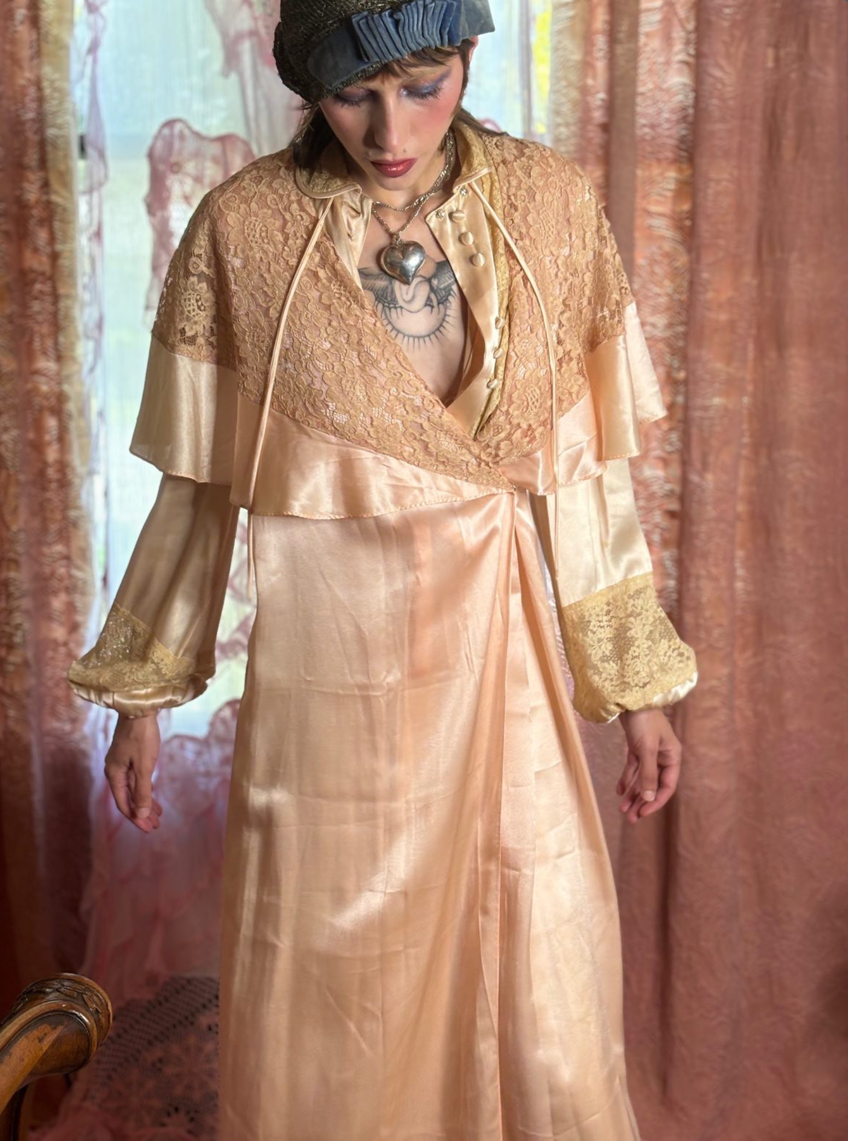 Hollywood Babylon Capelet Peignoir Silk and Lace Authentic 1930s