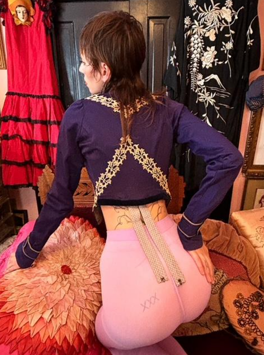 Authentic Victorian Royal Blue Bodice Wool + Velvet +Silver Metal Detail  Zig Zag Collar