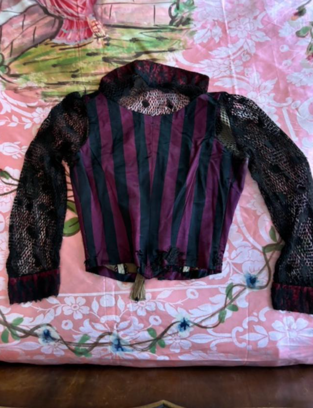 SOLD Saloon Girl Storyville Victorian Silk Striped Bodice Mesh Sleeves and Chest As Found Wearable