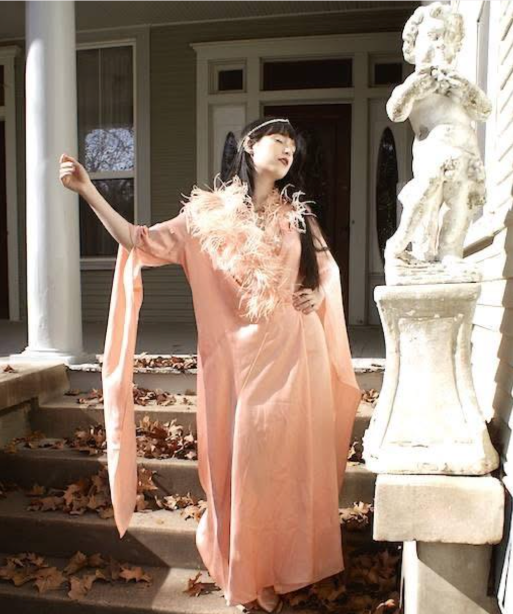 sold ~Rare Early 1920's Bat Winged Silent Screen Era Peignoir wit Ostrich Feathers as-is Silk