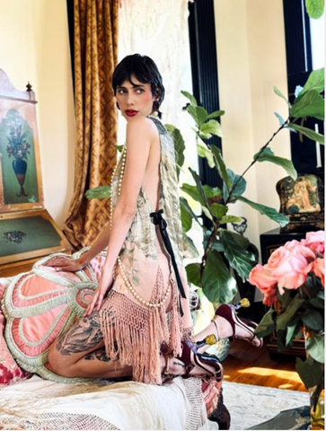 SOLD Boudoir Queen Lame' Tabard with Pale Pink Deco fringe Dress, Top or Layering Piece