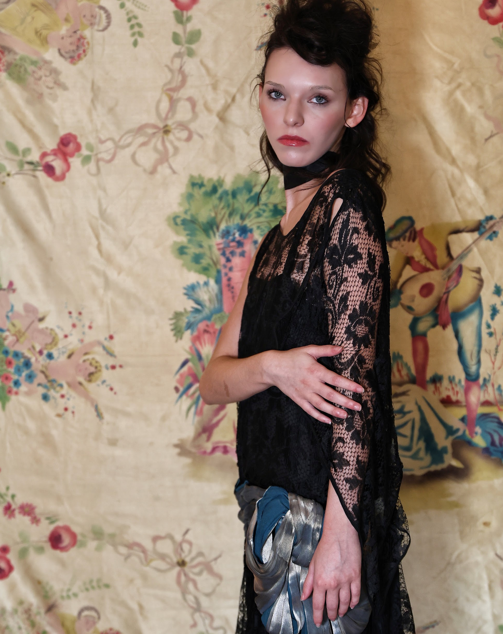 Authentic 1920's Black Lace Drop Waist Gown with Large Lamé sash Gorgeously Divine!