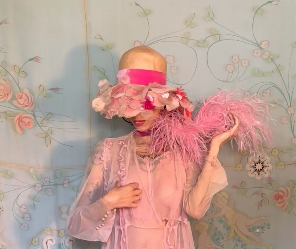 SOLD Fellini-esque Floral Hat with Label and Original Bow Velvet flowers