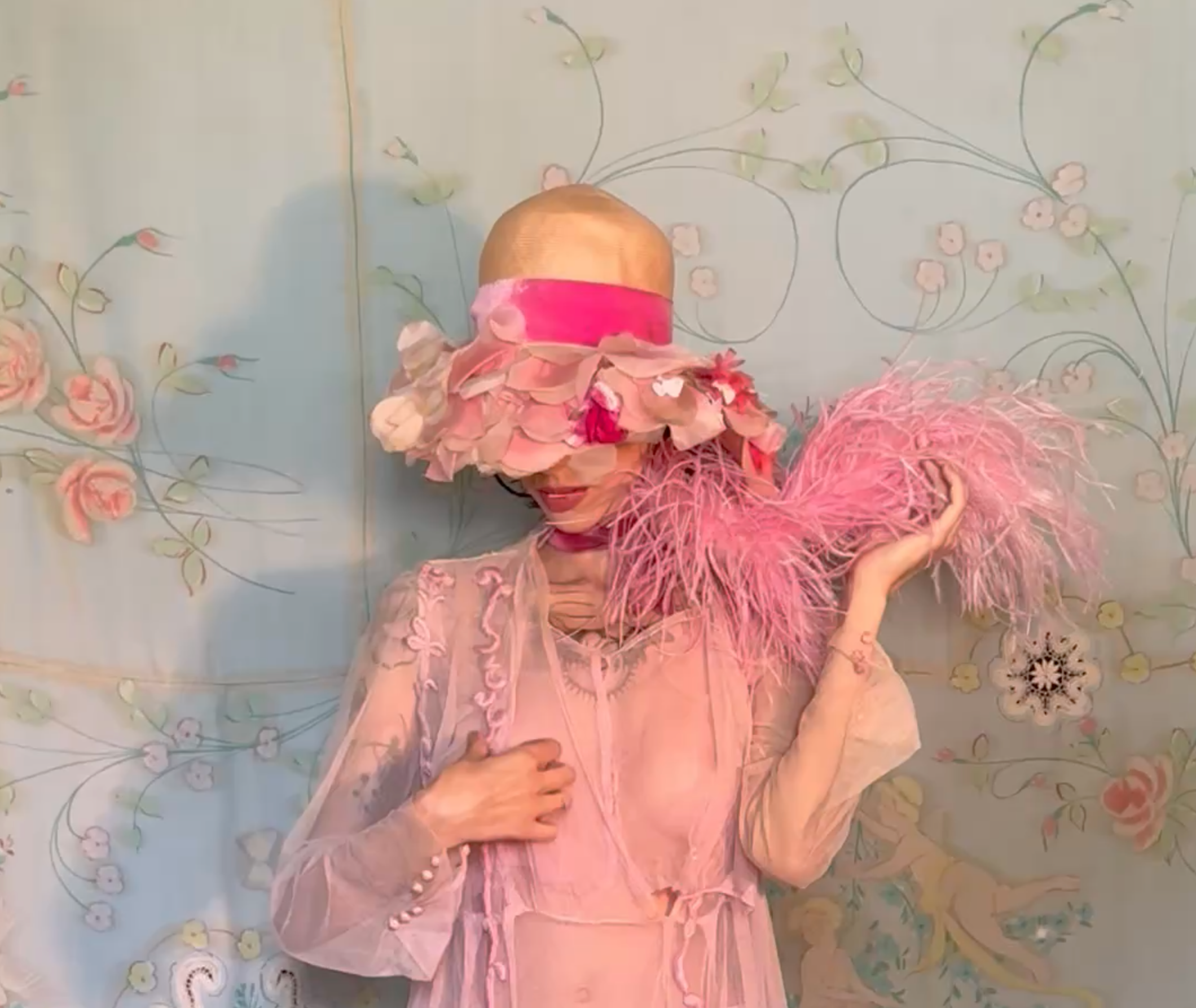 SOLD Fellini-esque Floral Hat with Label and Original Bow Velvet flowers