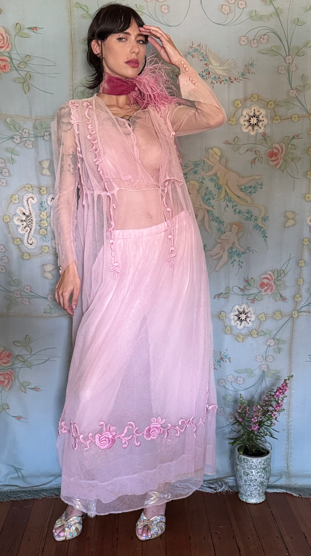 SOLD PRE ORDER Palest Pink Net Edwardian Tea Gown Satin Stitch