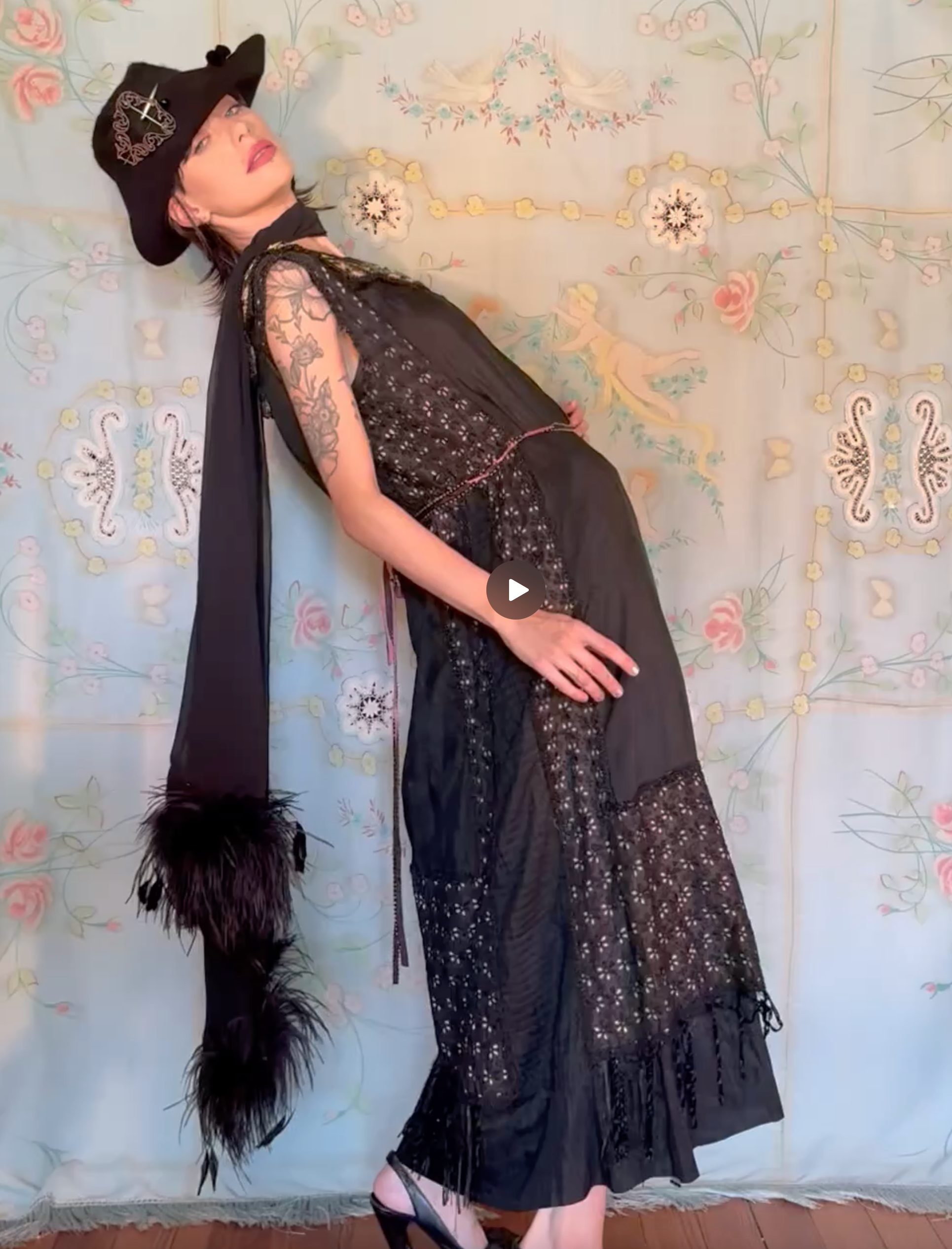 SOLD Edwardian Eyelet, Jet Green Jewel encrusted Embroidered Fringe Edwardian Gown