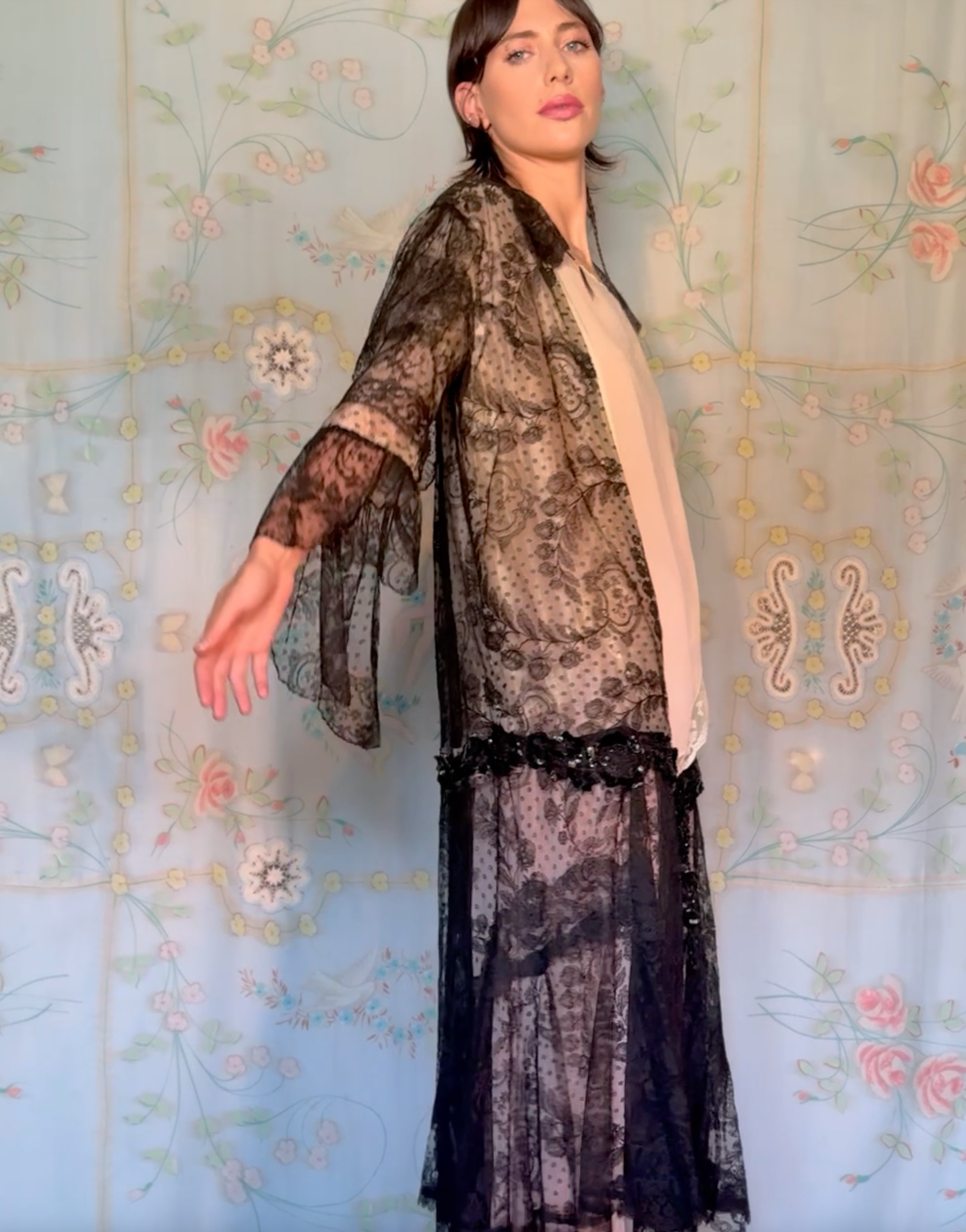SOLD Rare Chantilly Lace and Gelatin Sequin Peignoir Antique