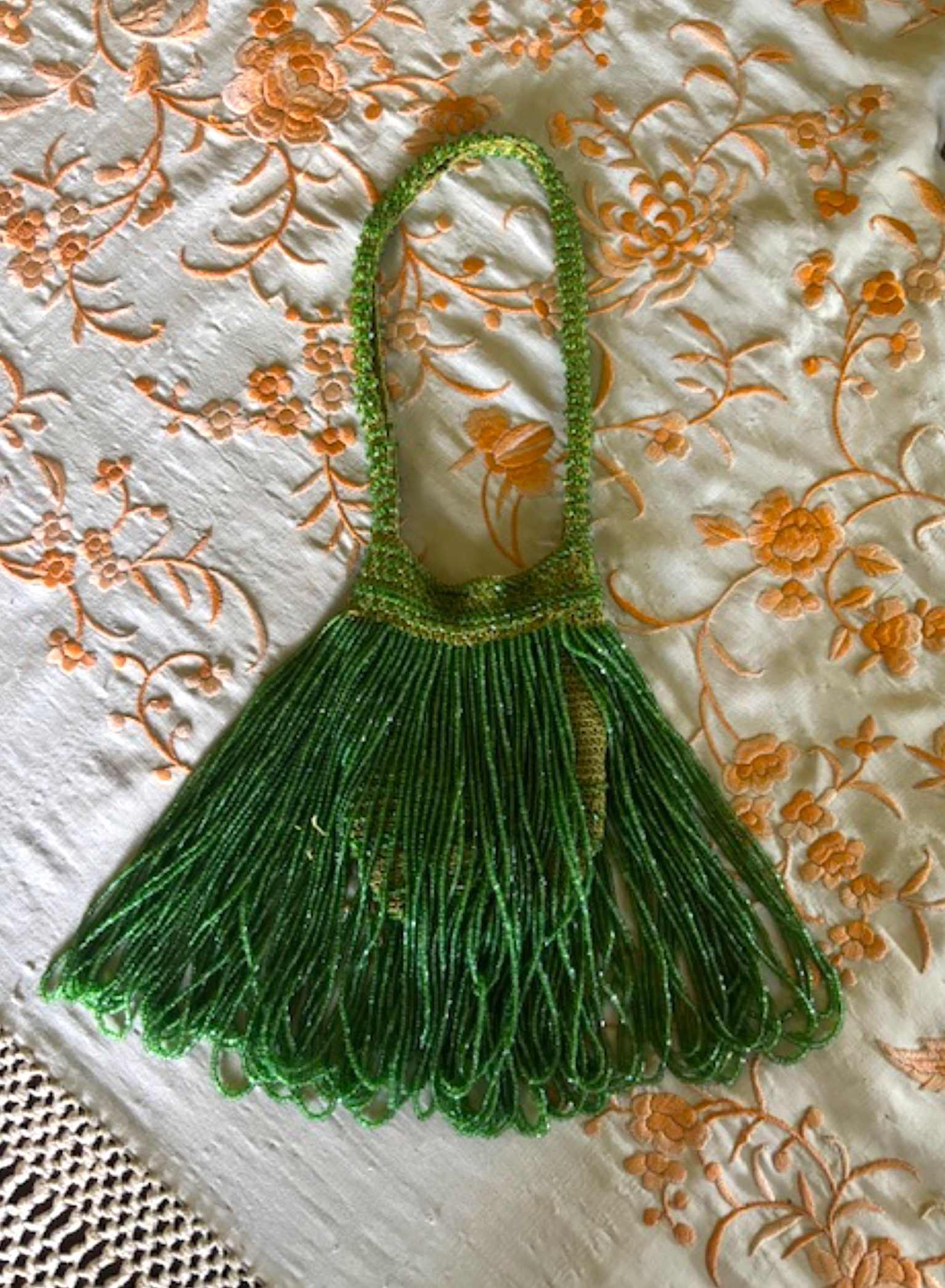 Authentic Acid Green 1920's Beaded Fringe Dance wristlet purse Divine Decadence