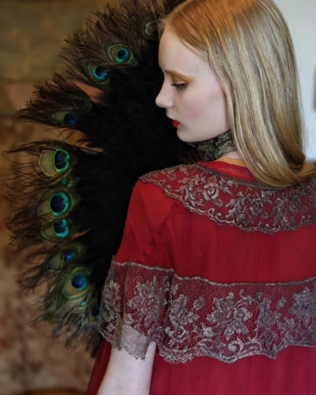 Rare Scarlet Chiffon and Metallic Silver Lace peignoir as is
