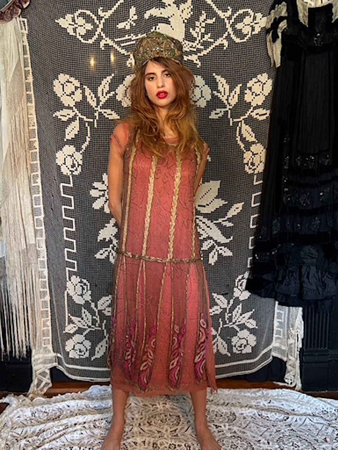 1920's Rare Gatsby Metallic Gold Lace Tunic with Embroidered Flowers and Petal like Bottom