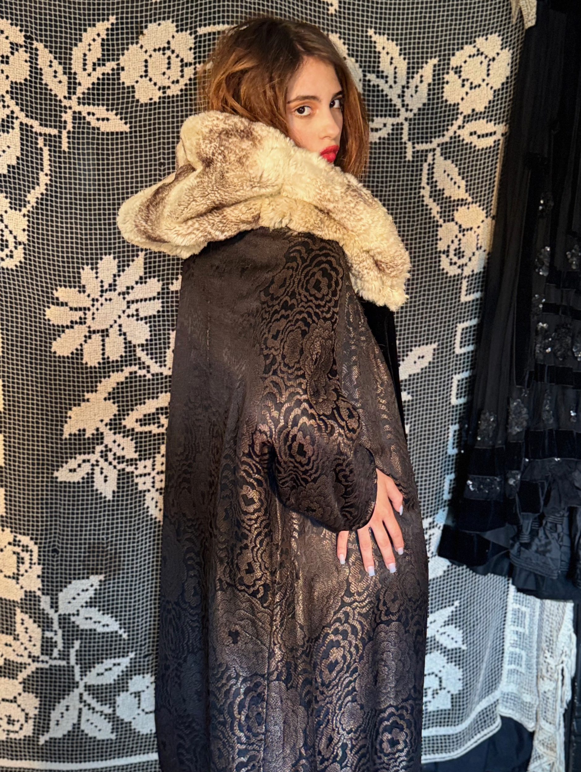 1920's Chinchilla Full Hood & Metallic black and Gold -Lame Flapper Evening Coat
