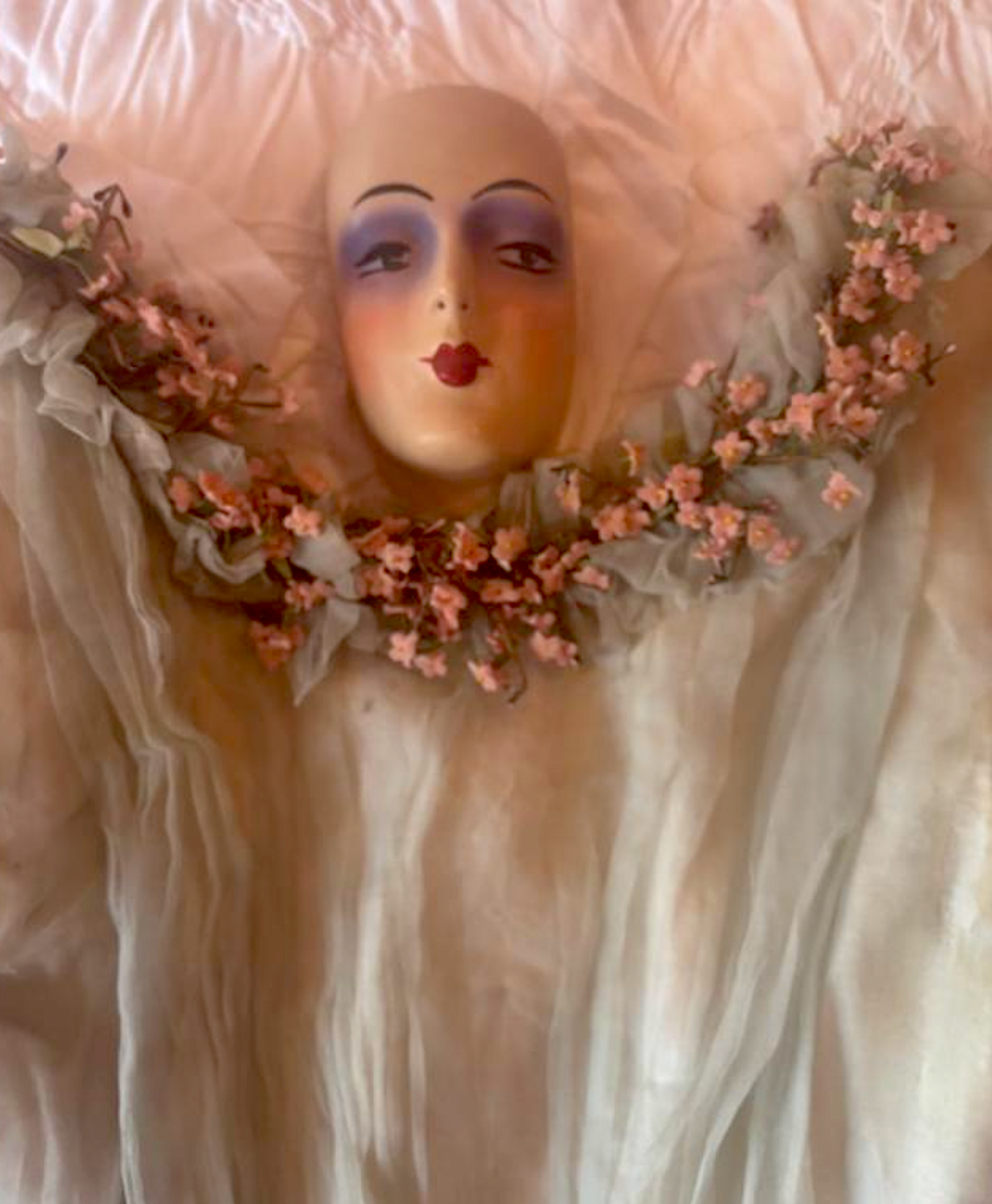 Palest Blue Bodice with original Baby Pink Flowers around the neckline