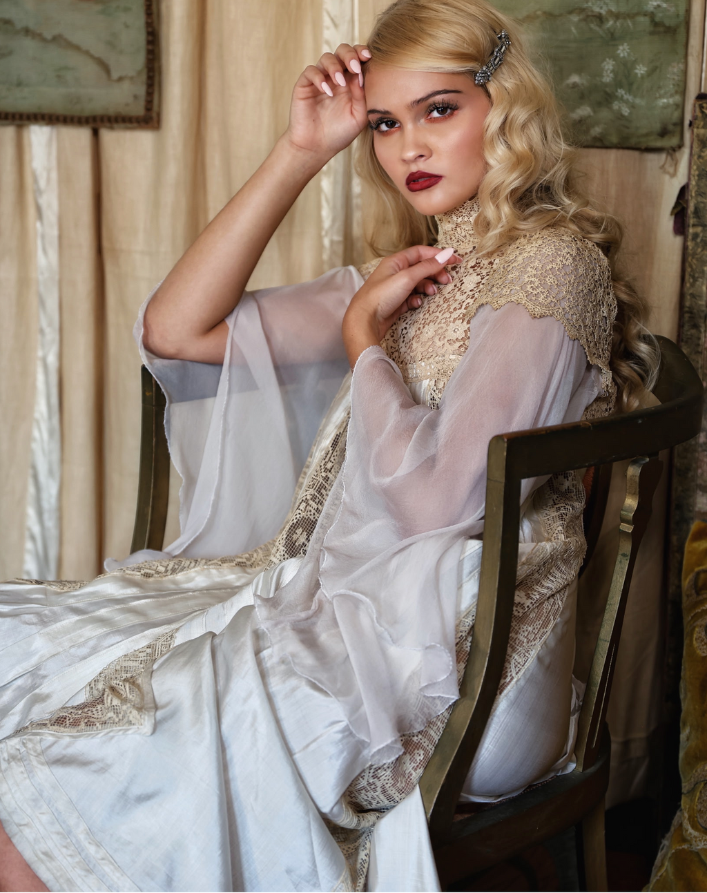 PRE SOLD Ecru Edwardian Boudoir Queen High Low Dress with fabulous lace and silk chiffon sleeves