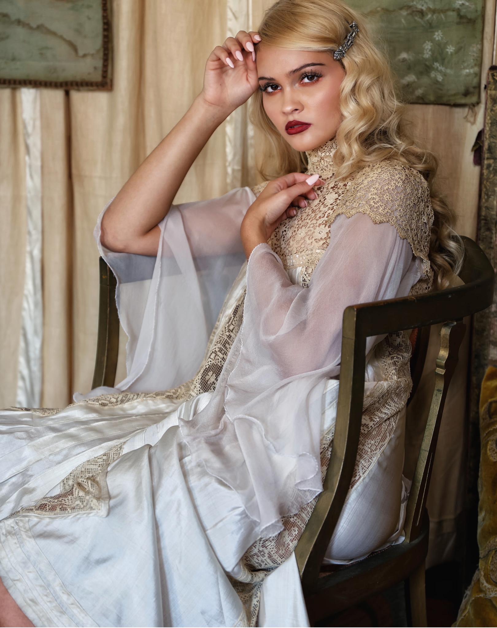 PRE SOLD Ecru Edwardian Boudoir Queen High Low Dress with fabulous lace and silk chiffon sleeves