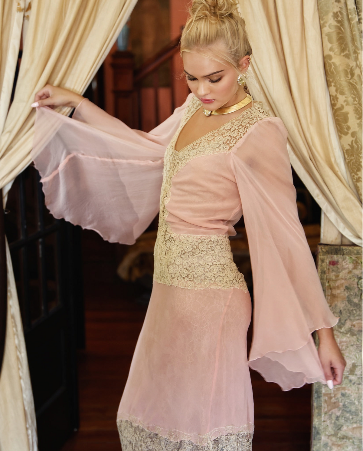 New Arrival Boudoir Queen Pale Pink Chiffon "Anna Nicole" Dress and Lace with Drippy Sleeve