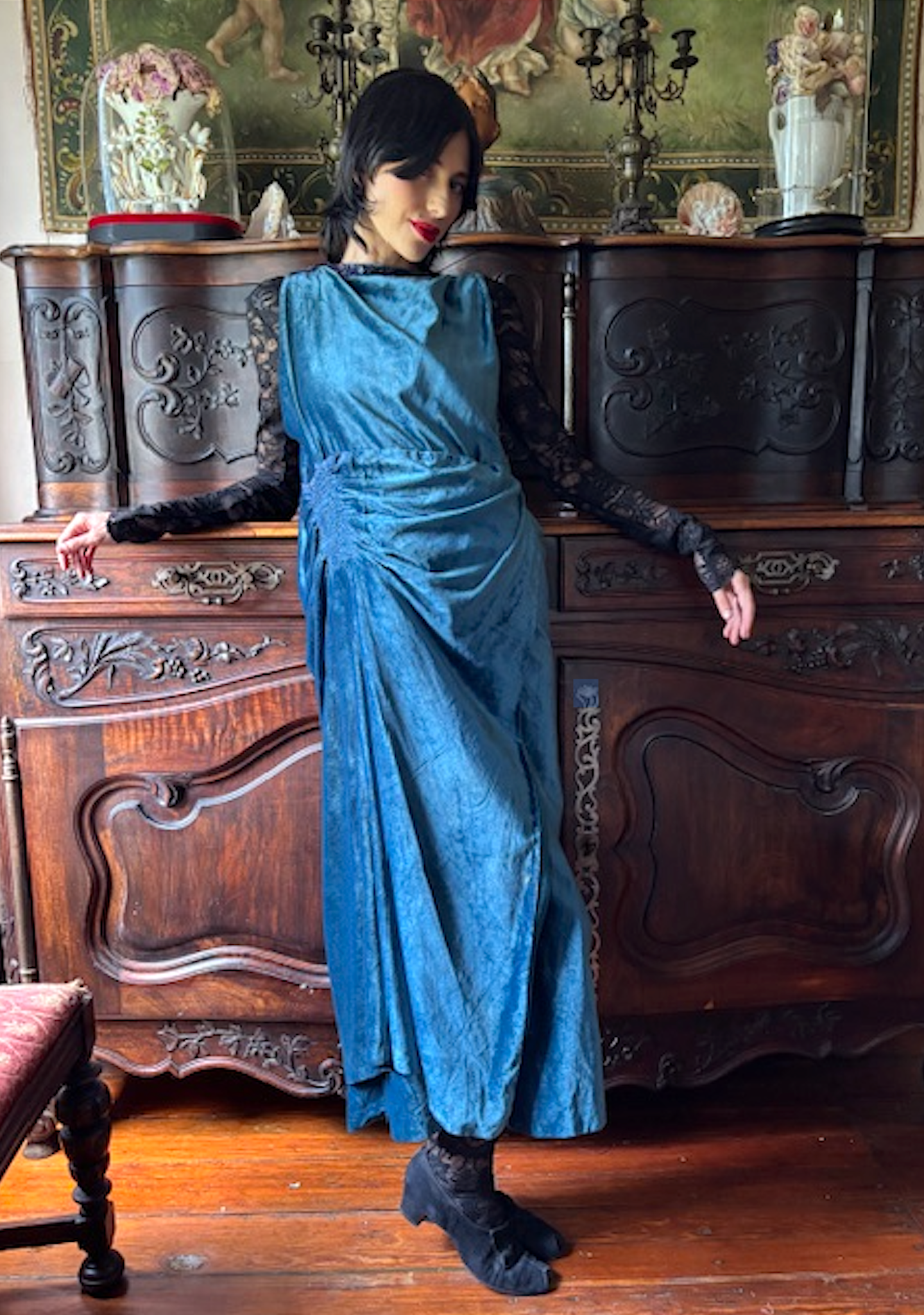 Poiret Style Cut-Away Panne Blue Velvet Dress 1910