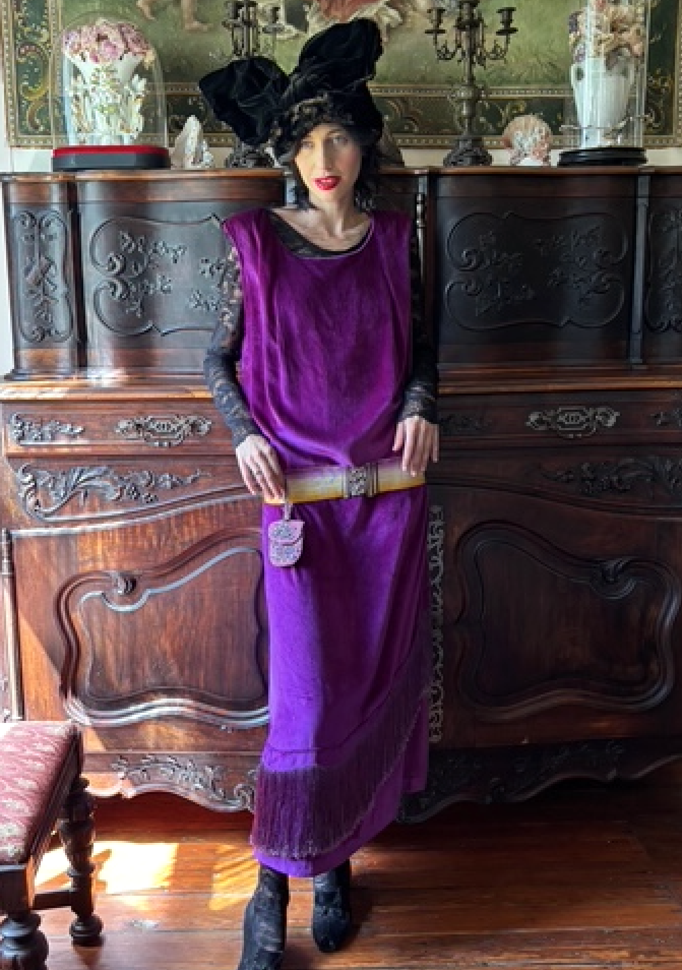 Magenta Panne Velvet Late Edwardian 1920's Ombre Fringe Dress Wonderful!