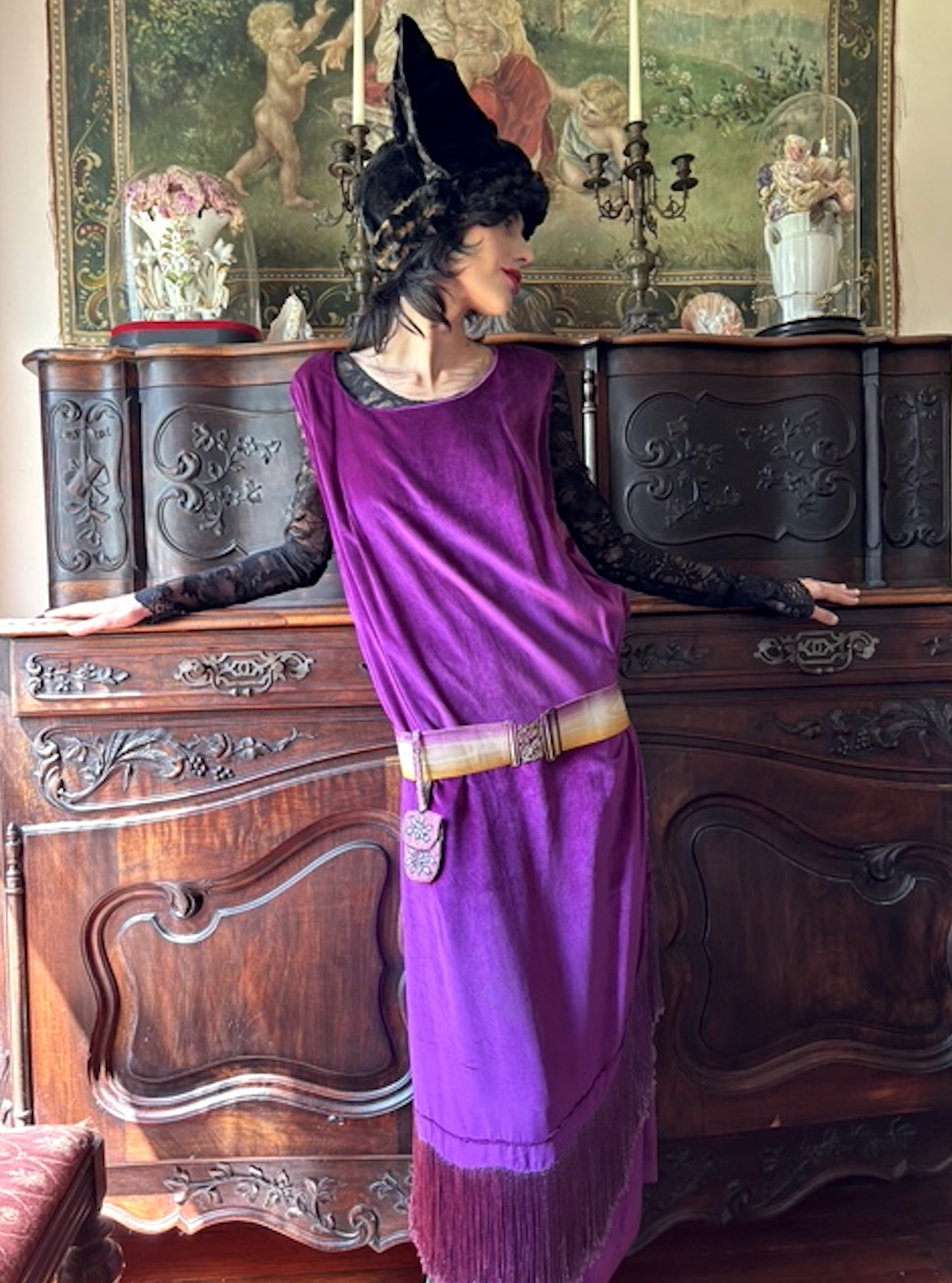 Magenta Panne Velvet Late Edwardian 1920's Ombre Fringe Dress Wonderful!